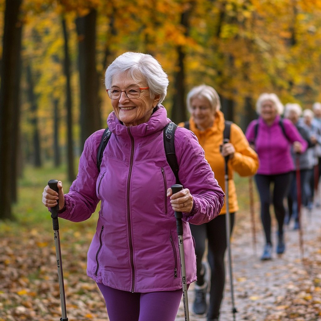 Група пенсіонерів займається скандинавською ходьбою в парку