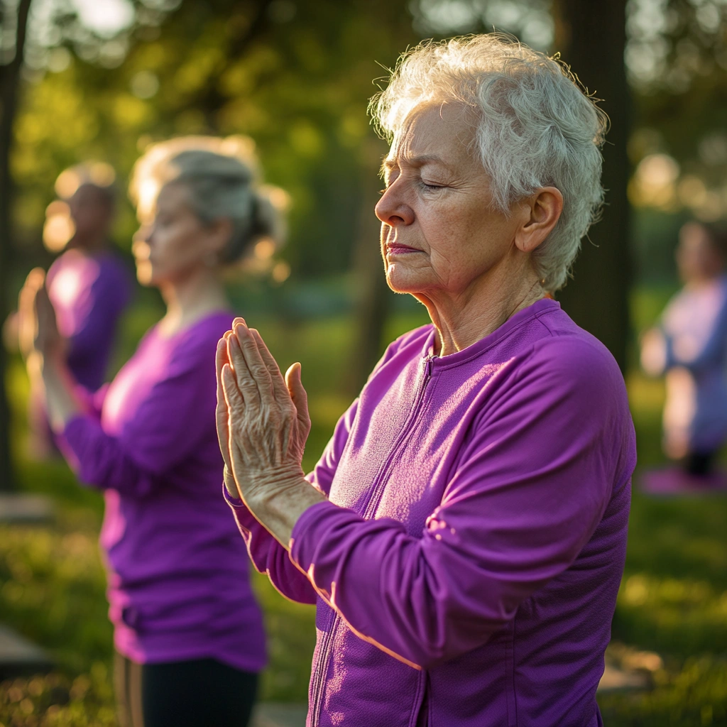 Пенсіонери практикують йогу на свіжому повітрі